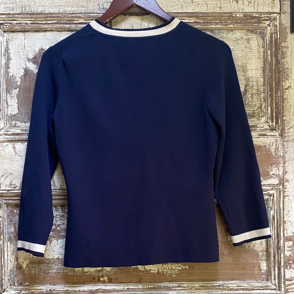 Jacqueline Kennedy Vintage Blue Knit Cardigan White Trim, 3/4 Sleeves, Size S - Picture 3 of 6